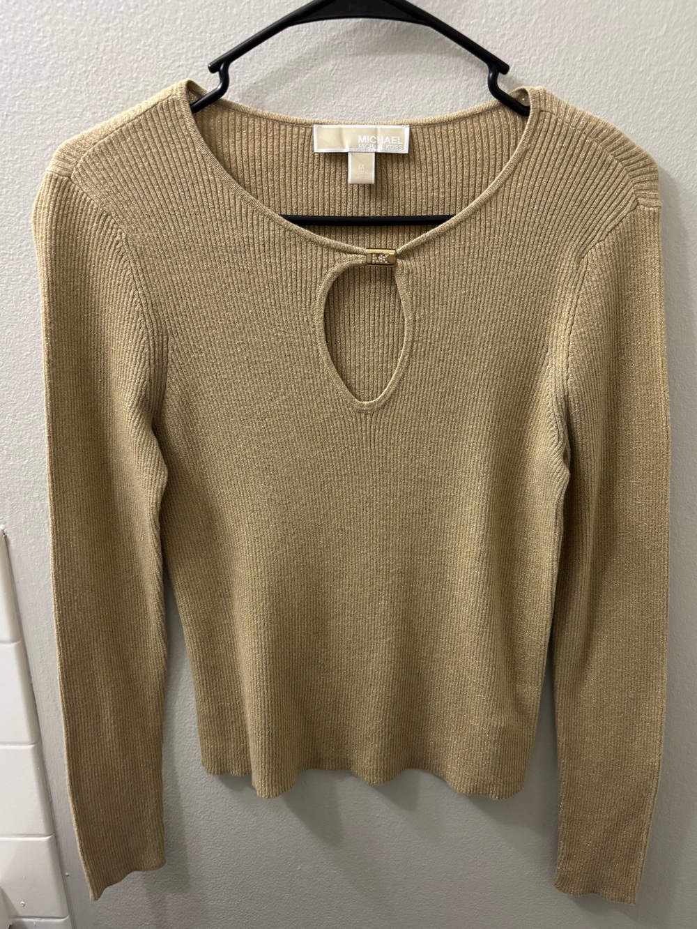 Michael Kors Beige Ribbed Keyhole Sweater with Gold MK Accent